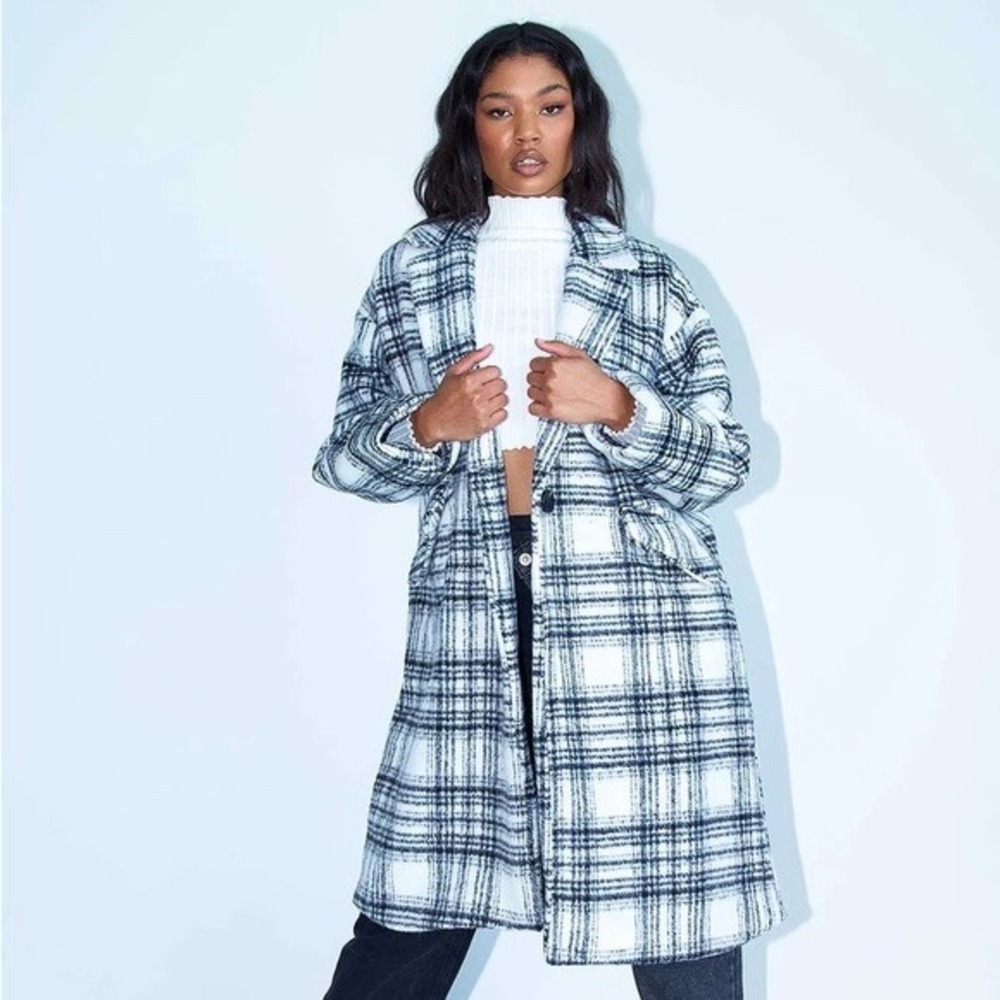 Princess Polly Eleri Plaid Coat Gray White Checkered Longline Jacket XS/S